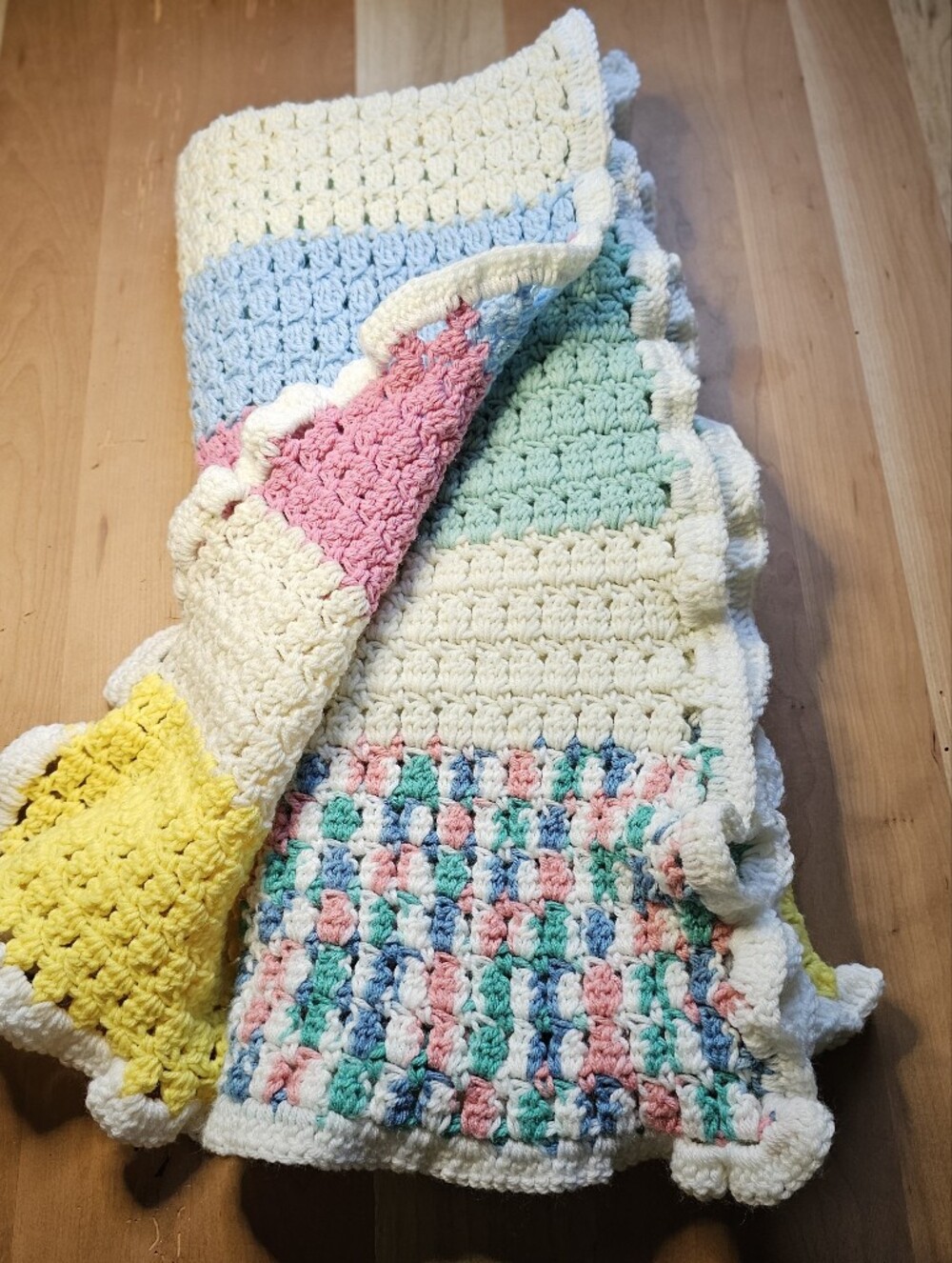 Gender Neutral Pastel Color Block Striped Crochet Baby Blanket 42x45 Afghan